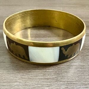 Vintage Brass Elephant Mother of Pearl Bangle Bracelet